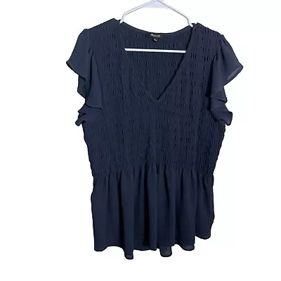 Madewell Blouse Women's XL Navy Blue V-Neck Short Sleeve Ruffle Smocked Shirt • $10.80