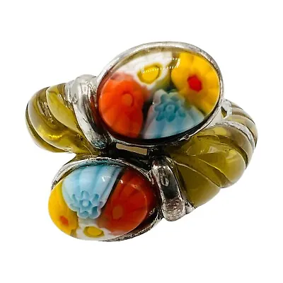ALAN K Millacreli Millefiori Designer Murano Glass Oval Ring Floral Vintage Sz 8 • $99.99