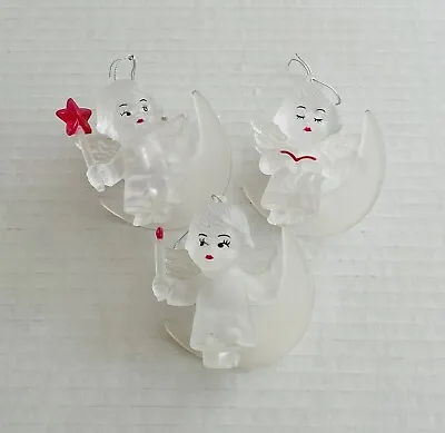 3 Vintage Christmas Ornaments Frosted Acrylic Angels Sitting On The Moon • $18