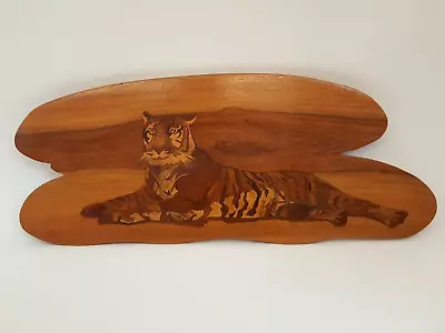 Vintage Inlaid Wood Marquetry Bengal Tiger Wall Hanging Artisan 25' Wide • $139.95