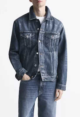 Zara Man Mid Blue Faded Denim Jacket With A Slightly Waxed Finish Size Medium  • £79