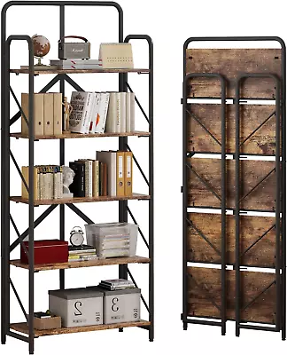 No Assembly Folding Bookshelf 5 Tier Industrial Metal Book Shelf For Storage V • $181.49