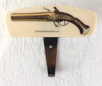 Vintage Mollet ALMA WALL MOUNT GUN HOOK W/ Picture Of English Flinthorn Pistol • $12