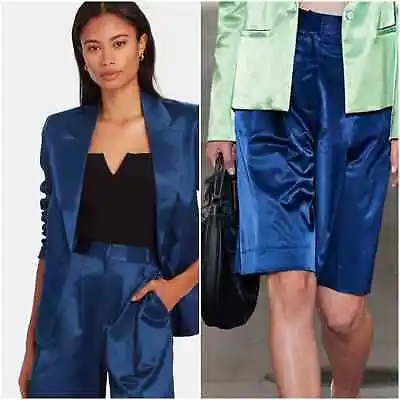 $100 • Buy STAUD Blue Satin Charmeuse Madden Blazer And Short Suit Set Size Small
