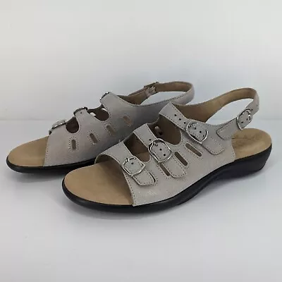 SAS Mystic Sandal Web Linen Womens 9.5 N Shoe Narrow Buckle Sling Leather Beige • $36.05