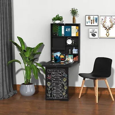 Folding Wall-Mounted Drop-Leaf Table W/Chalkboard Shelf Multi-Function Black • £69.99