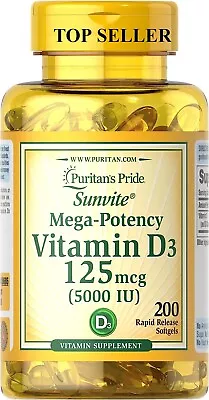 VITAMIN D3 Mega Potency PURITANS PRIDE 5000 IU Immune Supplement 200 Softgels • $8.48