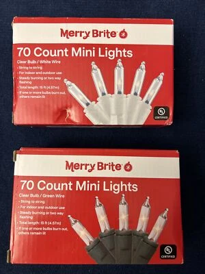 $12 • Buy 2 Pack MERRY BRITE 70 Count Mini Lights Clear Bulb 1 White 1 Green WIRE
