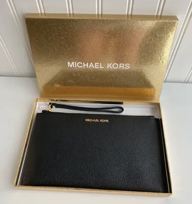 MK Michael Kors Jet Set Large Zip Clutch Wristlet Bag Black Pebble Leather New • $79.99