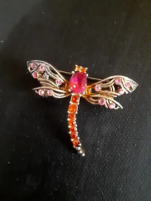 Vintage Prong Set Pink And Multi Colored Rhinestone Dragonfly Brooch/pin • $14