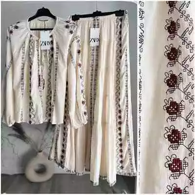 Zara Co-Ord Set Ethnic Boho Embroidered Skirt Blouse NWT • $99