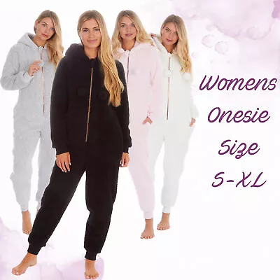 Womens Ladies 2Onesie Borg Chunky Jumpsuit Playsuit Pjs With Hood Full Zip Up UK • £21.59