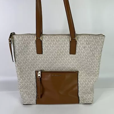 Large MICHAEL KORS Signature Handbag Shopper Tote Bag Tan Off White Cream Beige  • $39.99