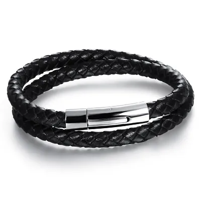 Mens Double-layer Stainless Steel Clasp Black Braided Leather Cord Bracelet Wrap • $9.99