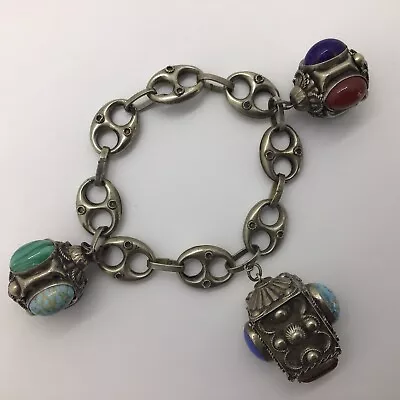 MCM VTG Etruscan Mediterranean Silver 800? Charm Bracelet 54g 8.5  Turquoise • $296.65