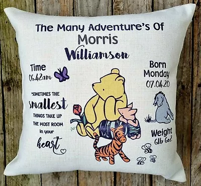 Winnie The Pooh Personalised Cushion Newborn Baby Gift With Birth Details • £12.99