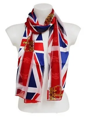 Union Jack Flag CROWNS Red Blue White Satin Silk Feel Neck Scarf Shawl Hair Wrap • £6.99