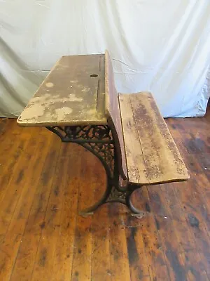 REDUCED! Antique Double School Desk Bench - Wood Wrought Cast Iron Furniture • $475