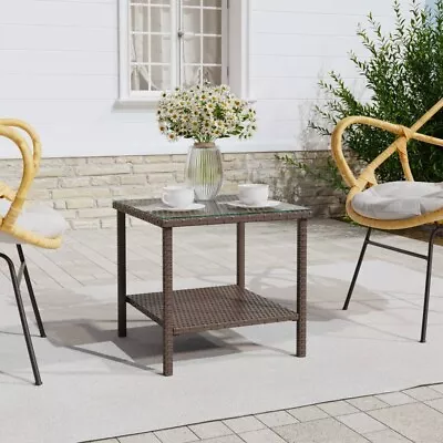Small Rattan Side Table Garden Patio Coffee Table Glass Top Outdoor Furniture • £38.99