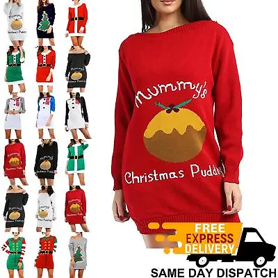 Womens Ladies Knitted Christmas Xmas Elf Costume Oversized Baggy Jumper Dress • £16.19