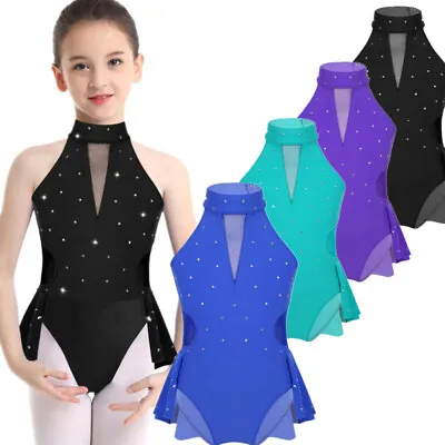 UK Kid Girls Ballet Dance Dress Sparkle Rhinestone Mesh Leotard Skating Costume • £12.26