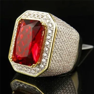 Mens Large Gold Shiny Diamond Ruby Red Gemstone Cz Bling Icy Ring Gift • £9.99