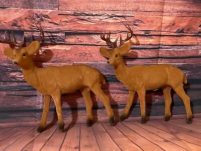 VINTAGE SET OF 2 - NEW Flocked Buck Deer Brown Christmas Plastic Figures • $18.99