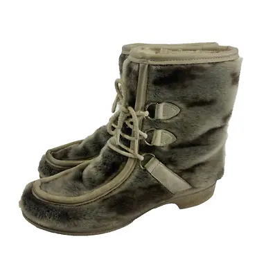 Vintage Dunhams Eskipades Spotted Faux Fur Boots Mid Lace Up Lined Womens Size 8 • $25