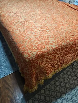 Vintage Midcentury BATES Floral Boho MCM Bedspread Fringe Orange/Gold King • $75