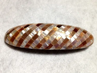 MOTHER OF PEARL BROWN & WHITE SEASHELL INLAY HAIR BARRETTE 80s VINTAGE • $21