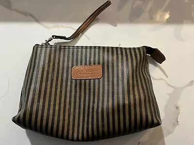 Vintage 80s Fendi Clutch Pequin Stripe Leather Purse Bag Brown Cosmetic • $49.99