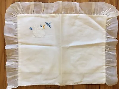 Fine Vintage Linen Baby Pillowcase Hand Embroidered  Adorable Duck Ruffled Edge • $13.49
