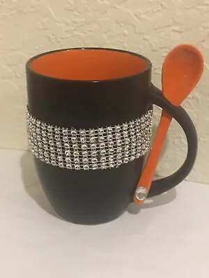 $11.99 • Buy BLING BLACK & Orange Ceramic 12Oz. Coffee Mug & Matching Ceramic Spoon W/slots