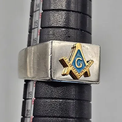 Mens Freemason Ring Stainless Steel Masonic Gold Tone G Compass Blue Backround • $19.99