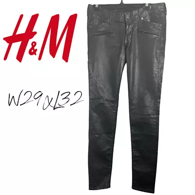 H & M Woman's Faux Leather Black Skinny Pants Mid Rise Button Zip W29 • $4.99