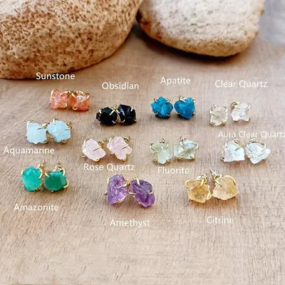Natural Raw Stone Crystal Stud Earrings Gemstone Quartz Earrings Handmade • $11.90