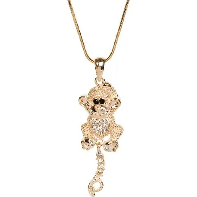 Cheeky Monkey Pendant Charm Necklace Crystal And Gold Tone With Movable Tail • $12