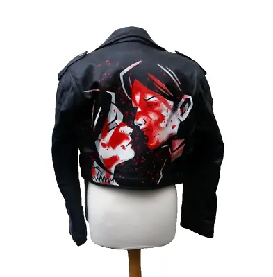 Custom Hand Painted OOAK My Chemical Romance Vintage Black Leather Jacket Emo • £89.65