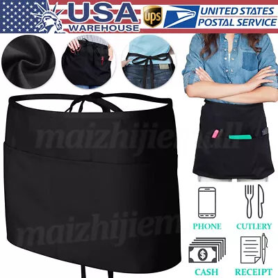 Half Bib Waist Apron Cafe Kitchen Heavy Duty Waiter Barista Server With 3 Pocket • $10.95