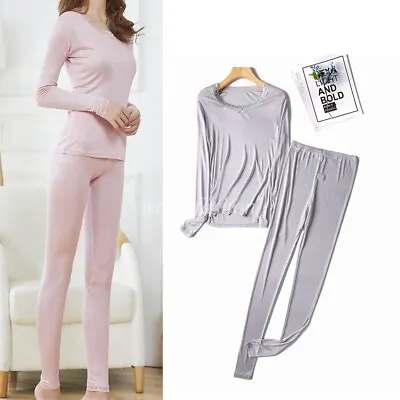 $29.90 • Buy Women Silk Thermal Soft Lace Long Johns Top & Bottom Set Mulberry Silk Underwear