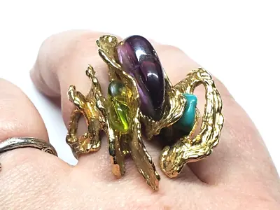 Vintage Gold Plated Brutalist Peridot Amethyst Turquoise Ring Jewelry Size 7.5 • $89.99