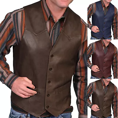 ！ Mens Solid Leather V Neck Pocket Retro Color Vest  Blouse With Button ！ • $25.49