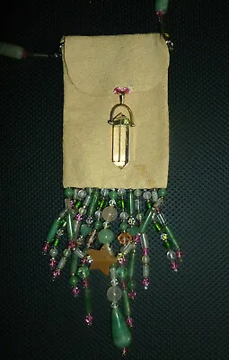 Leather Medicine Bag Necklace Pouch Peridot Crystal Sterling Silver BOMA OOAK  • $190