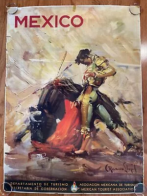 Original 1944 Vintage Mexico Travel Poster - Bull Fighter - 27x36  • $300