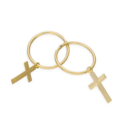 9ct Yellow Gold Cross Hoop Earrings Religion Faith Catholic Christian • £36