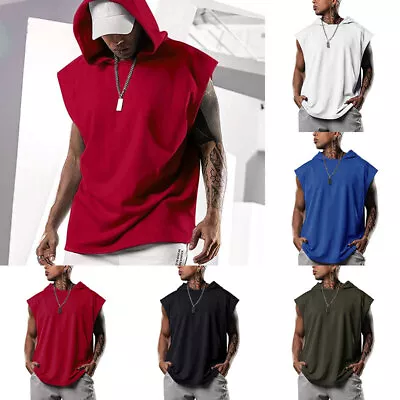 Mens Workout Hoodie Sleeveless Vest Muscle Tank Tops Gym Fitness Bodybuilding❉ • $16.42