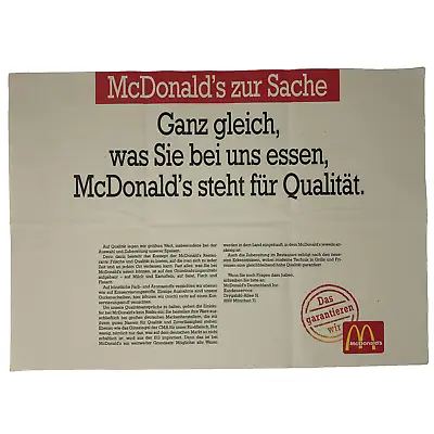 McDonalds Stand For Quality Germany Placemat Tray Liner Fast Food Vintage 90s • $9.99