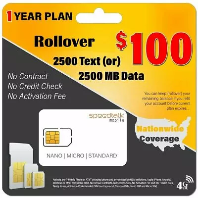 SpeedTalk GPS Tracker SIM Card Rollover Text & Data Canada Mexico Roaming 1yr • $100