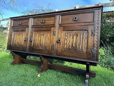 Antique Reproduction Oak Linen Fold Carved Three Door Sideboard Jaycee Jacobean • £220