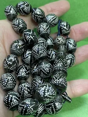 Antique Black Coral -mikawi Silver In Lay 33  Worry Beads Islamic Masbaha 63g R1 • $350